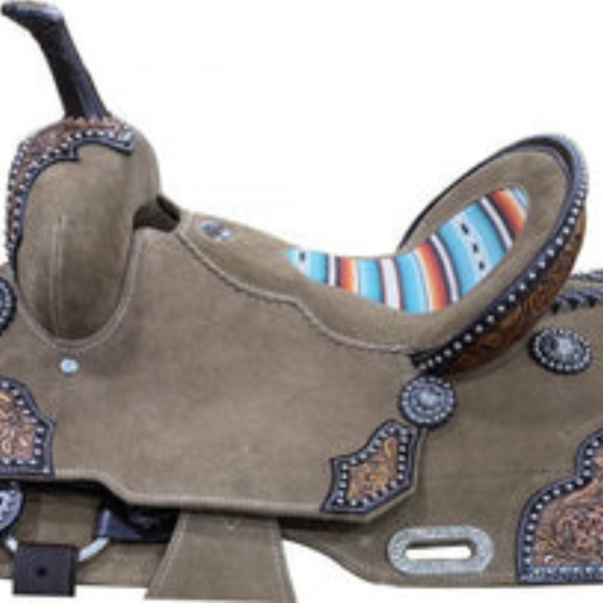 14", 15" DOUBLE T   ROUGH OUT BARREL STYLE SADDLE WITH SOUTHWEST SERAPE PRINTED INLAY - Double T Saddles