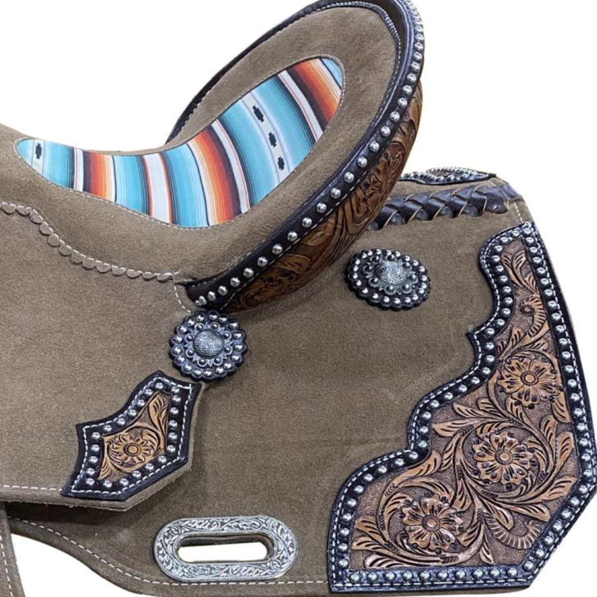 14", 15" DOUBLE T   ROUGH OUT BARREL STYLE SADDLE WITH SOUTHWEST SERAPE PRINTED INLAY - Double T Saddles