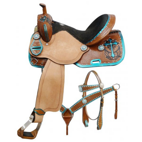 14", 15", 16" DOUBLE T  BARREL STYLE SADDLE SET WITH METALLIC TEAL PAINTED CROSS THIS SADDLE - Double T Saddles