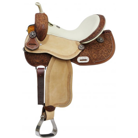 14" 15" 16" DOUBLE T BARREL STYLE SADDLE WITH TEXAS STAR CONCHOS - Double T Saddles