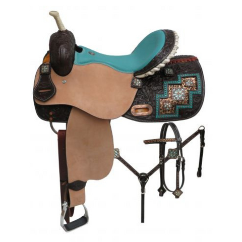 14", 15", 16" DOUBLE T BEJEWELED METALLIC LEOPARD PRINT BARREL STYLE SADDLE SET - Double T Saddles