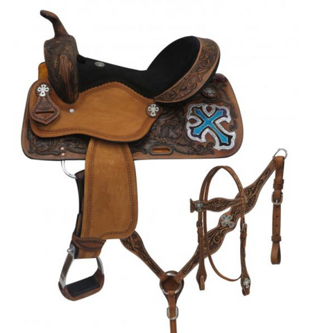 14", 15", 16" DOUBLE T  BARREL STYLE SADDLE SET WITH METALLIC CROSS - Double T Saddles