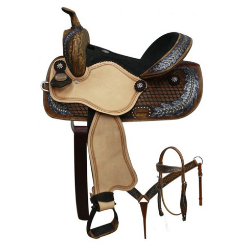 14", 15" DOUBLE T BARREL SADDLE WITH OAK LEAF TOOLING - Double T Saddles