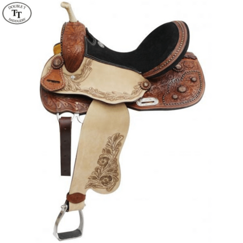14-16" DOUBLE T BARREL STYLE SADDLE WITH COPPER COLORED STARBURST CONCHOS - Double T Saddles