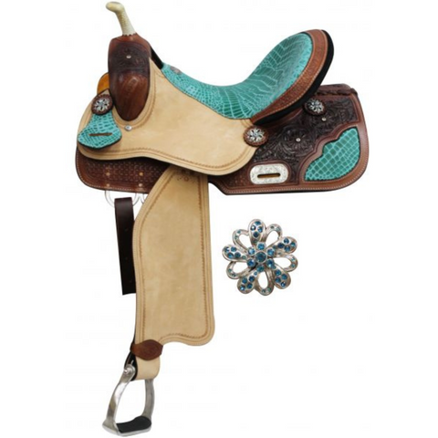 14-16" DOUBLE T BARREL STYLE SADDLE WITH TEAL ALLIGATOR PRINT ACCENTS - Double T Saddles