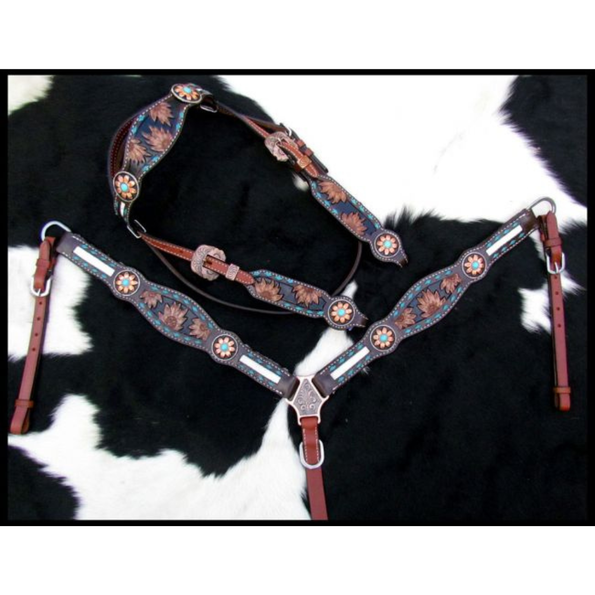 Showman ® Sunflower Tooled Leather Browband headstall and breastcollar set with cowhide inlays - Double T Saddles