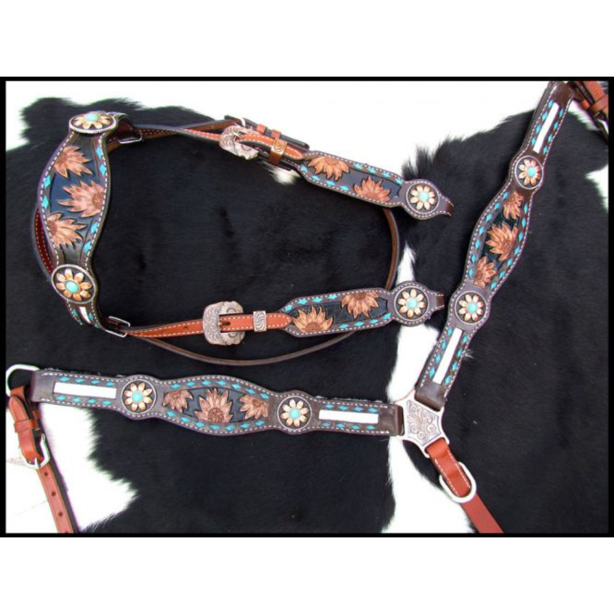 Showman ® Sunflower Tooled Leather Browband headstall and breastcollar set with cowhide inlays - Double T Saddles