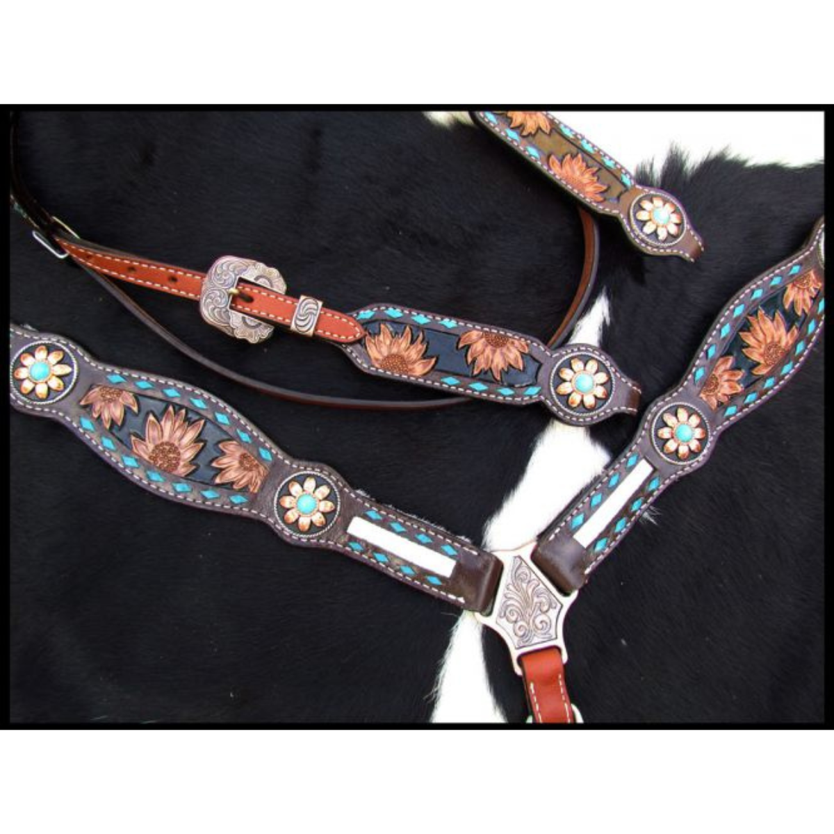 Showman ® Sunflower Tooled Leather Browband headstall and breastcollar set with cowhide inlays - Double T Saddles