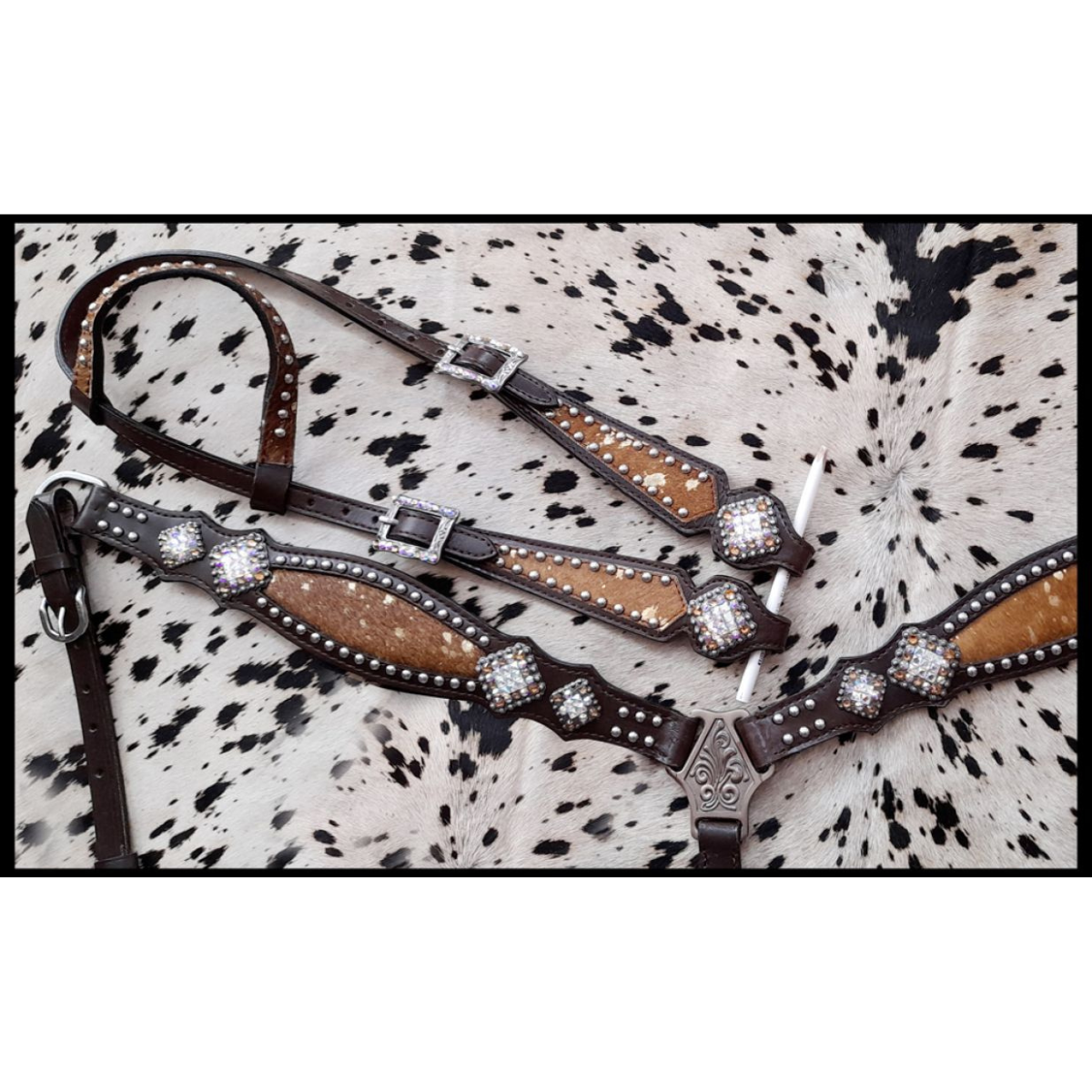 Showman ® Cowhide inlay browband headstall and breast collar set with beads and bling conchos and silver hardware. - Double T Saddles