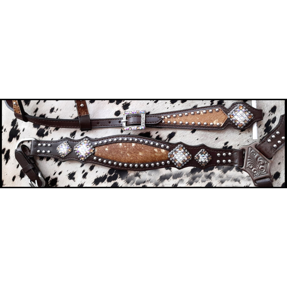 Showman ® Cowhide inlay browband headstall and breast collar set with beads and bling conchos and silver hardware. - Double T Saddles