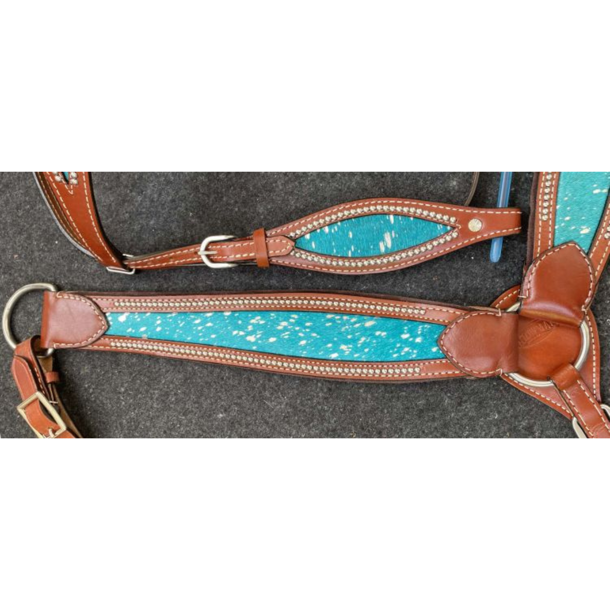 Showman® Medium Oil Teal Acid Wash Cowhide Inlay Browband headstall and breast collar set. - Double T Saddles