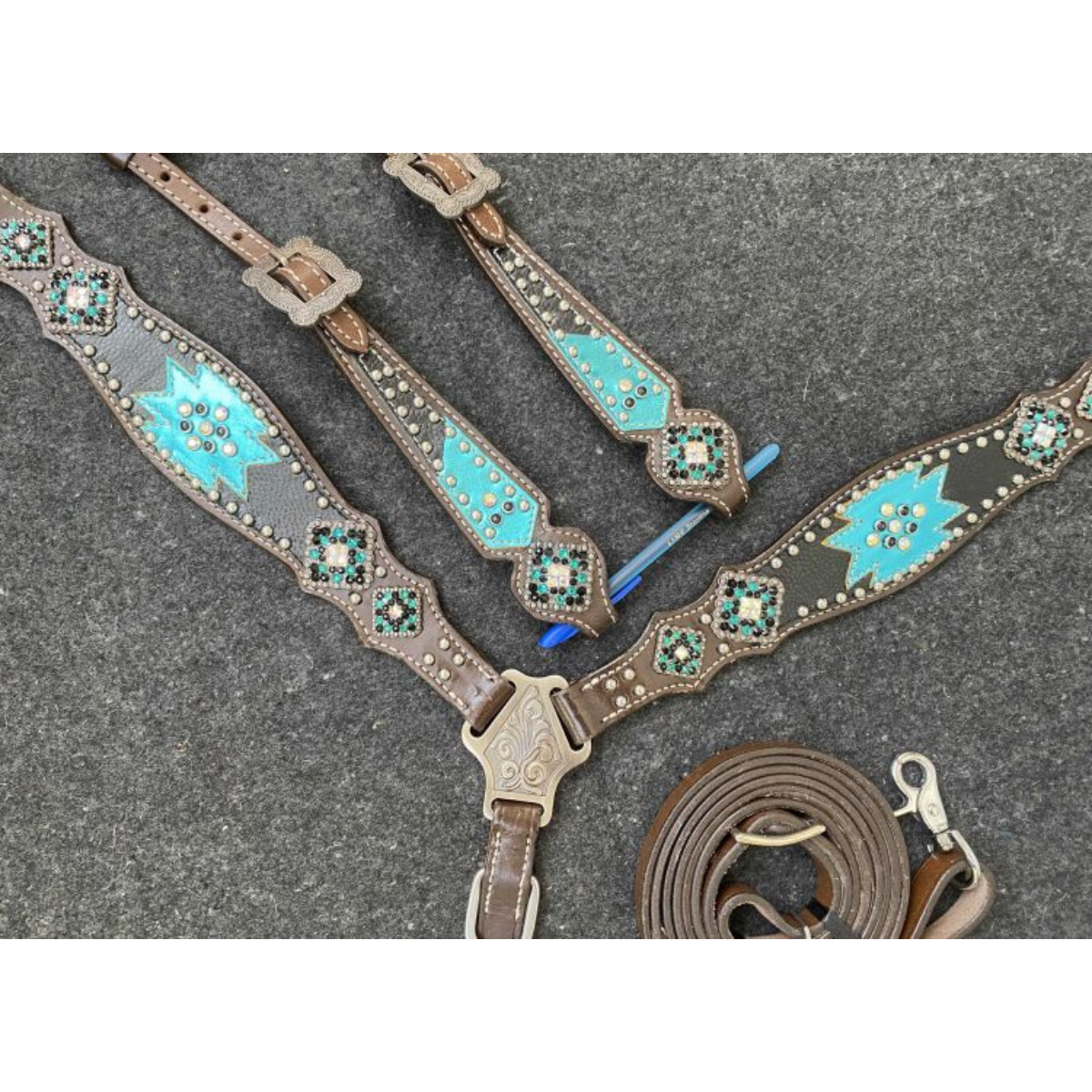 Showman® One Ear headstall and breast collar set with bling conchos and a teal southwest inlay accent. - Double T Saddles