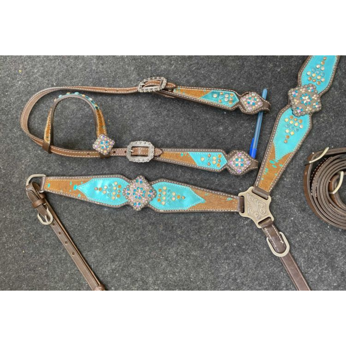 Showman® Chocolate Leather One Ear Headstall & Breast Collar Set - Double T Saddles