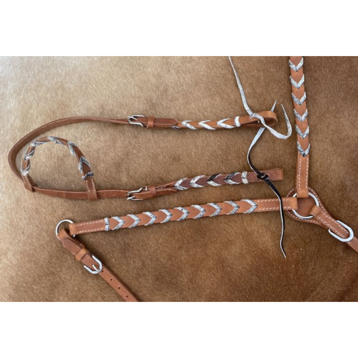 Showman® Argentina cow harness Leather one ear headstall and breast collar set with hair on cowhide lacing. - Double T Saddles