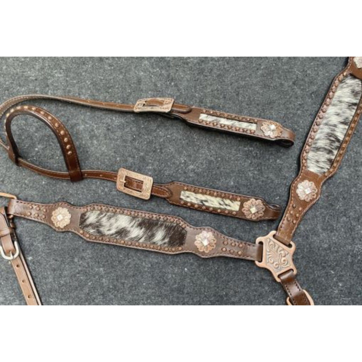 Showman ® Black & White hair on cowhide inlay Single Ear Headstall and Breast Collar Set. - Double T Saddles