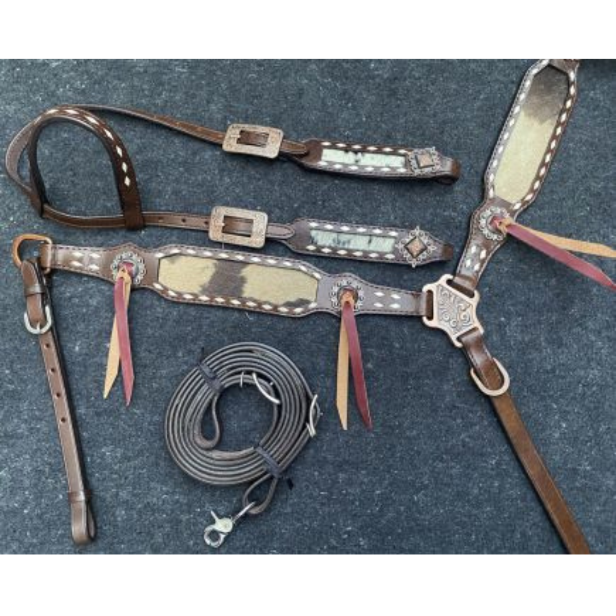 Showman ® Black & White hair on cowhide inlay Single Ear Headstall and Breast Collar Set. - Double T Saddles