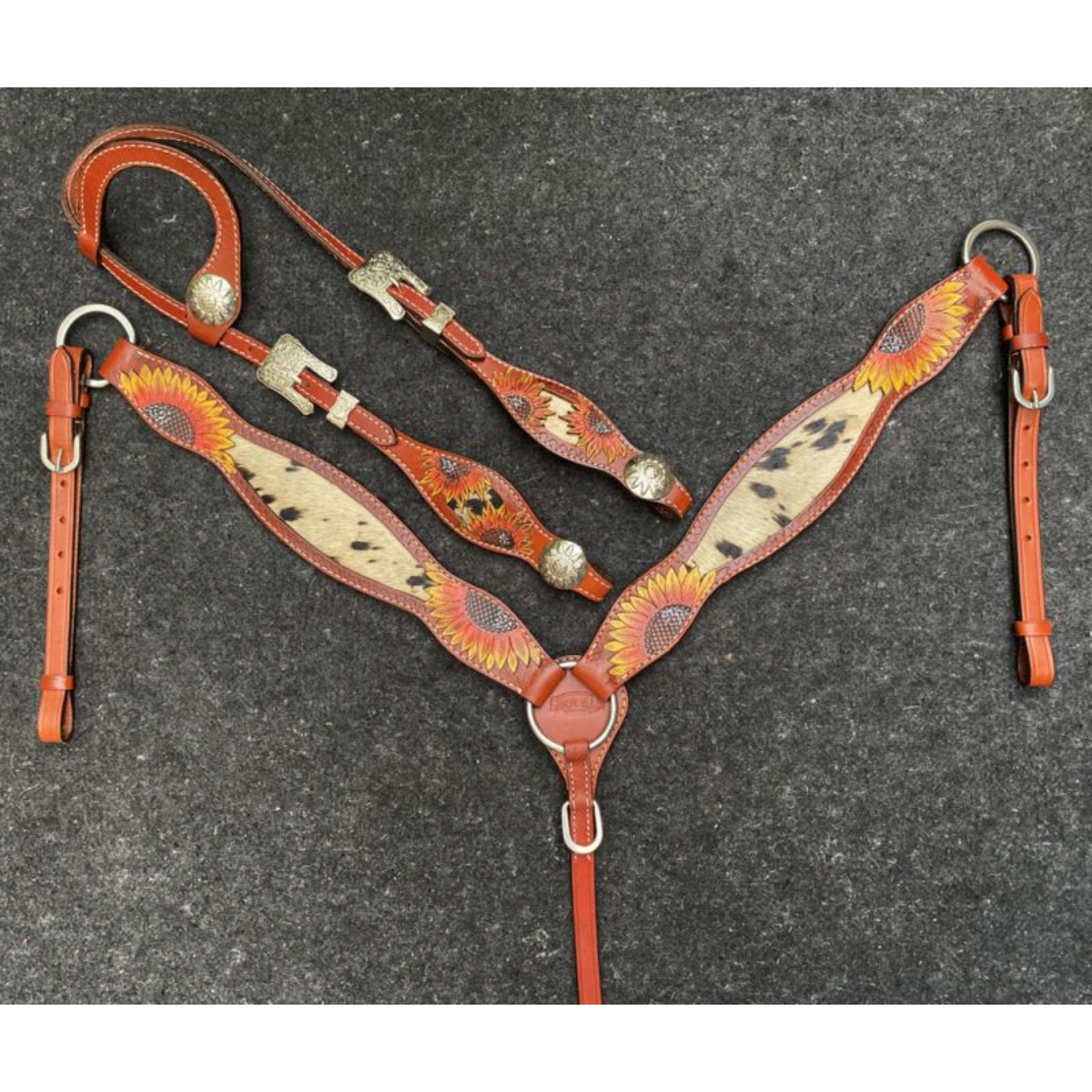 Showman ® Medium Oil Painted Sunflower Browband Headstall & Breast Collar Set with Hair on Cowhide. - Double T Saddles