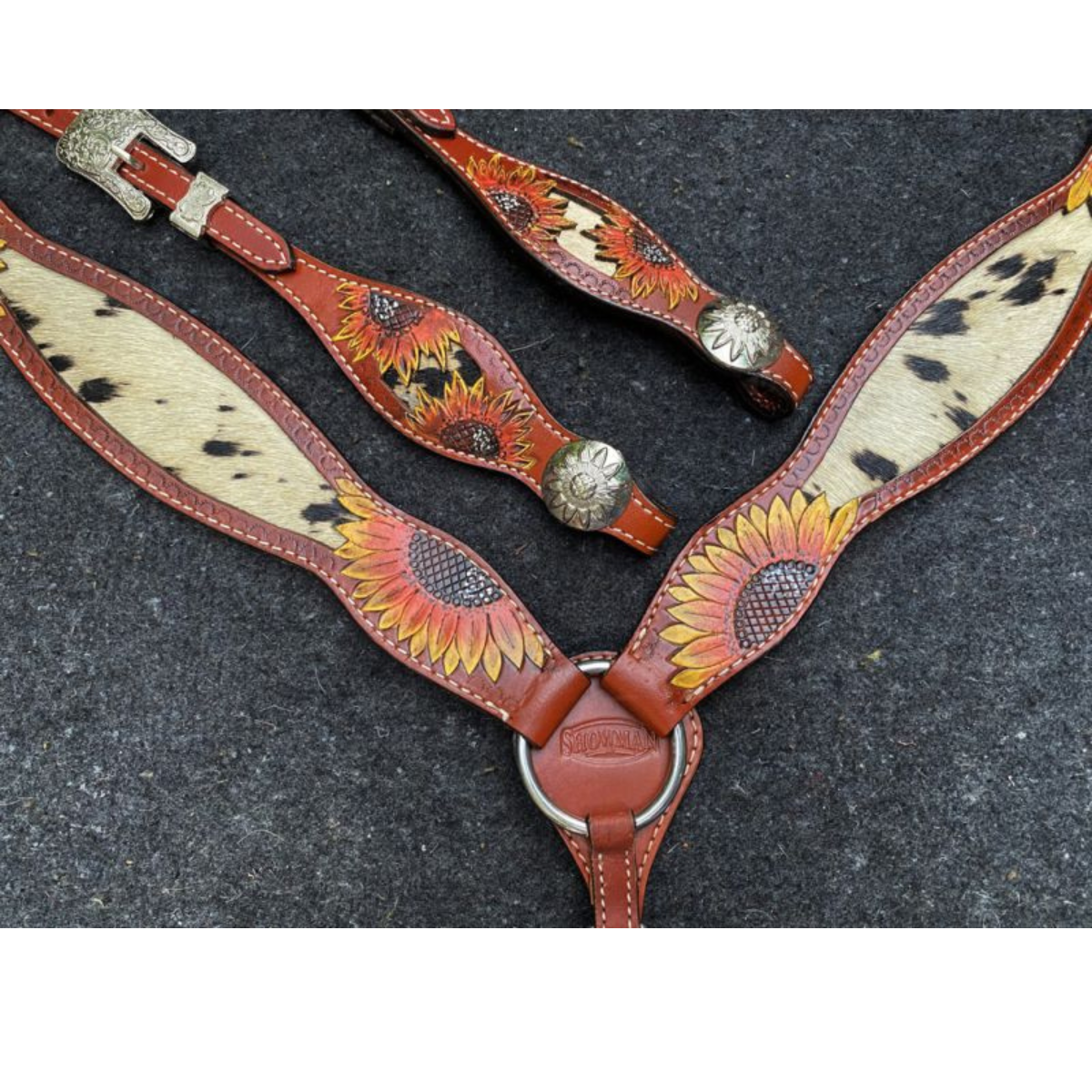 Showman ® Medium Oil Painted Sunflower Browband Headstall & Breast Collar Set with Hair on Cowhide. - Double T Saddles