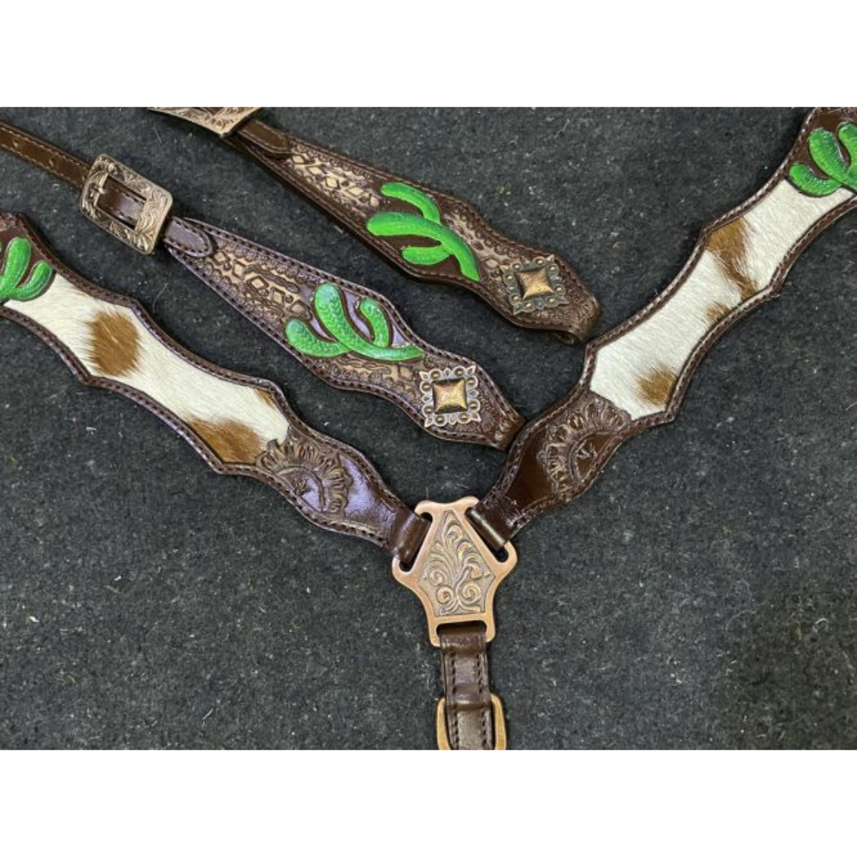 Showman ® Hair on Cowhide One Ear Leather Headstall and Breast Collar Set with Hand Painted Cactus - Double T Saddles