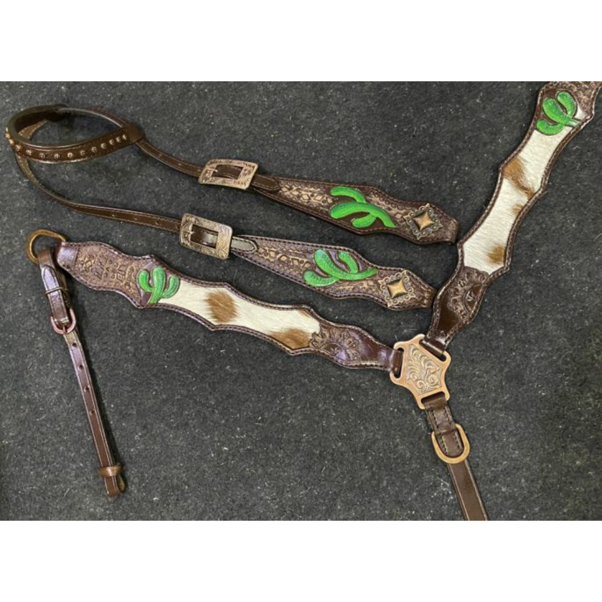 Showman ® Hair on Cowhide One Ear Leather Headstall and Breast Collar Set with Hand Painted Cactus - Double T Saddles