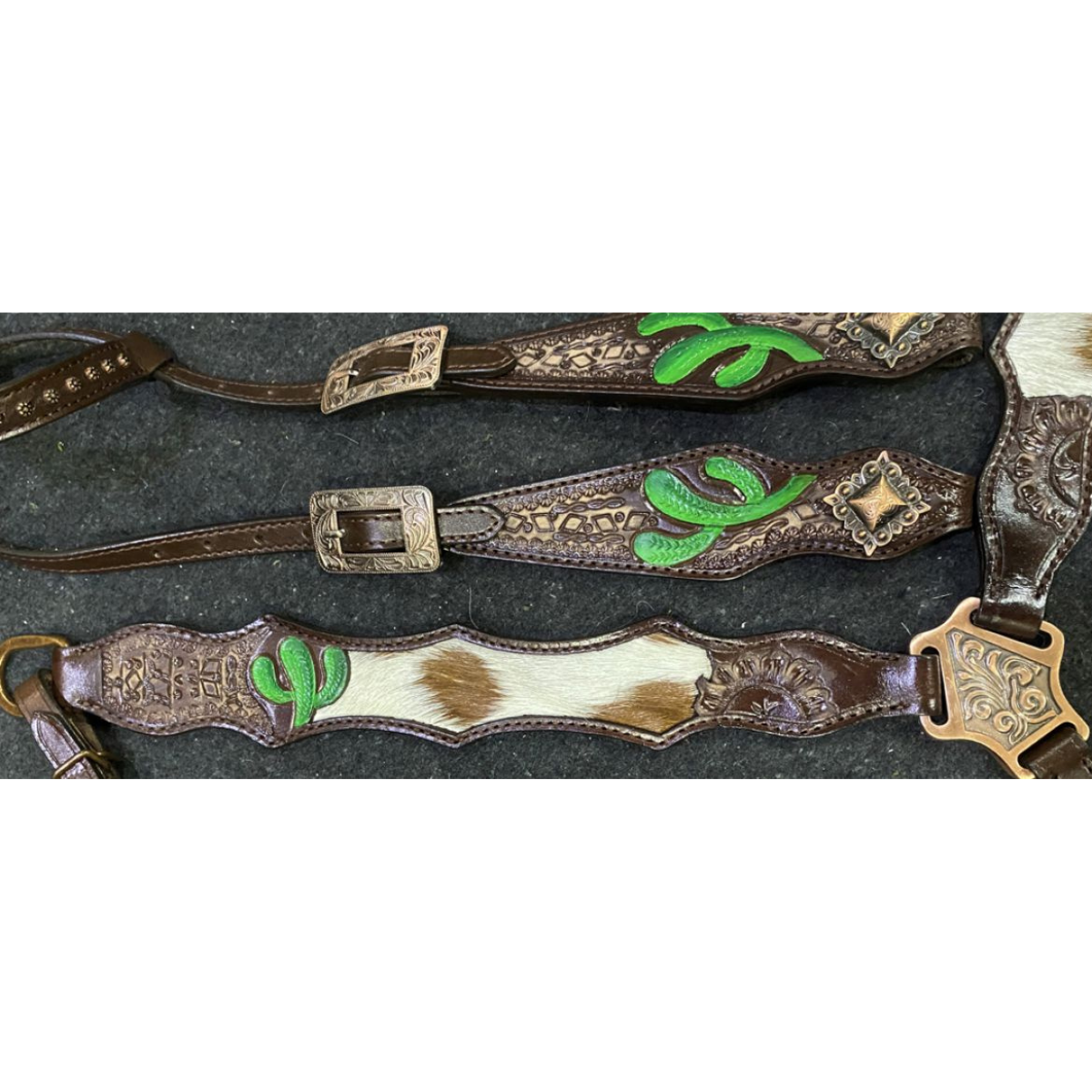 Showman ® Hair on Cowhide One Ear Leather Headstall and Breast Collar Set with Hand Painted Cactus - Double T Saddles