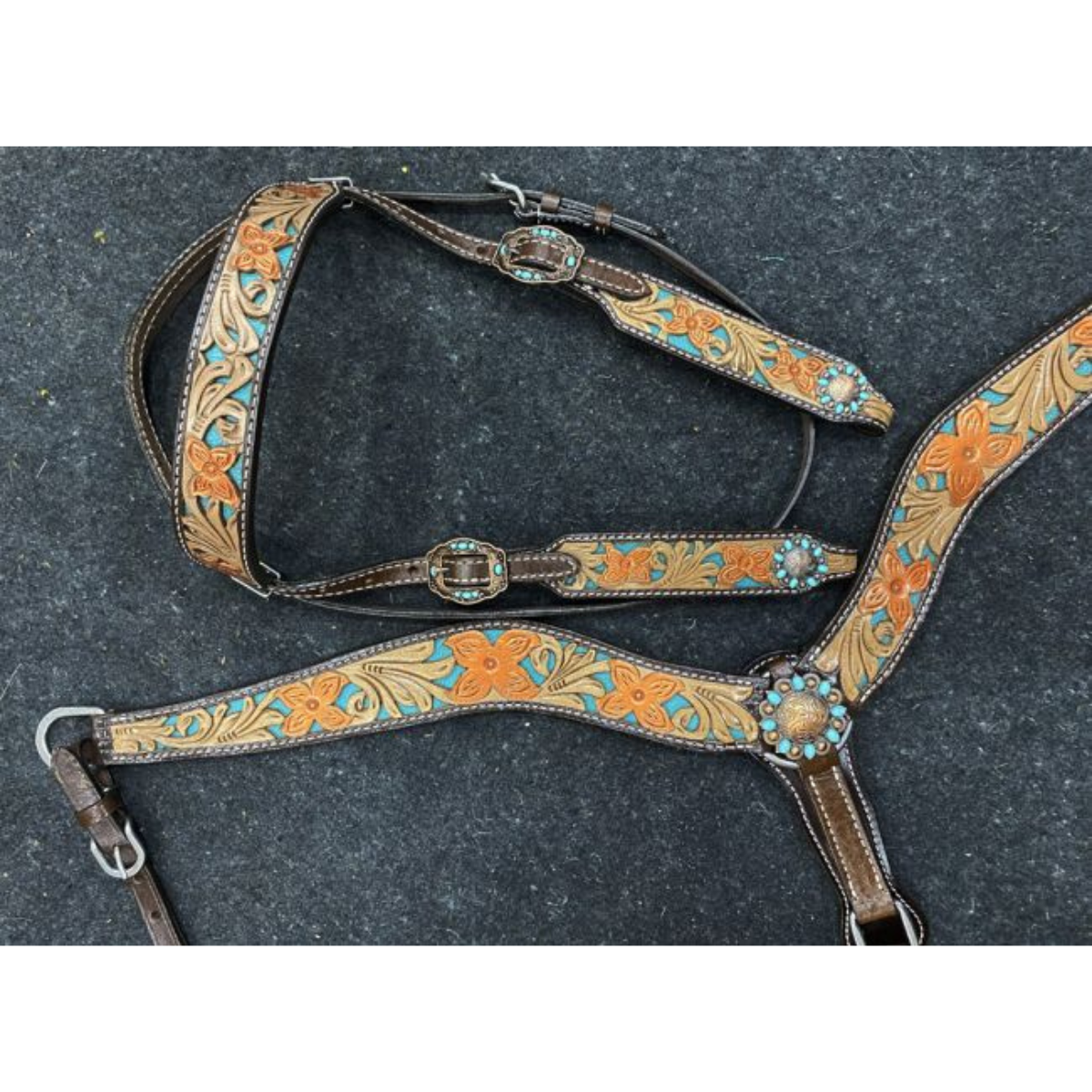 Showman ® Floral tooled design browband bridle with teal underlay and breast collar set - Double T Saddles