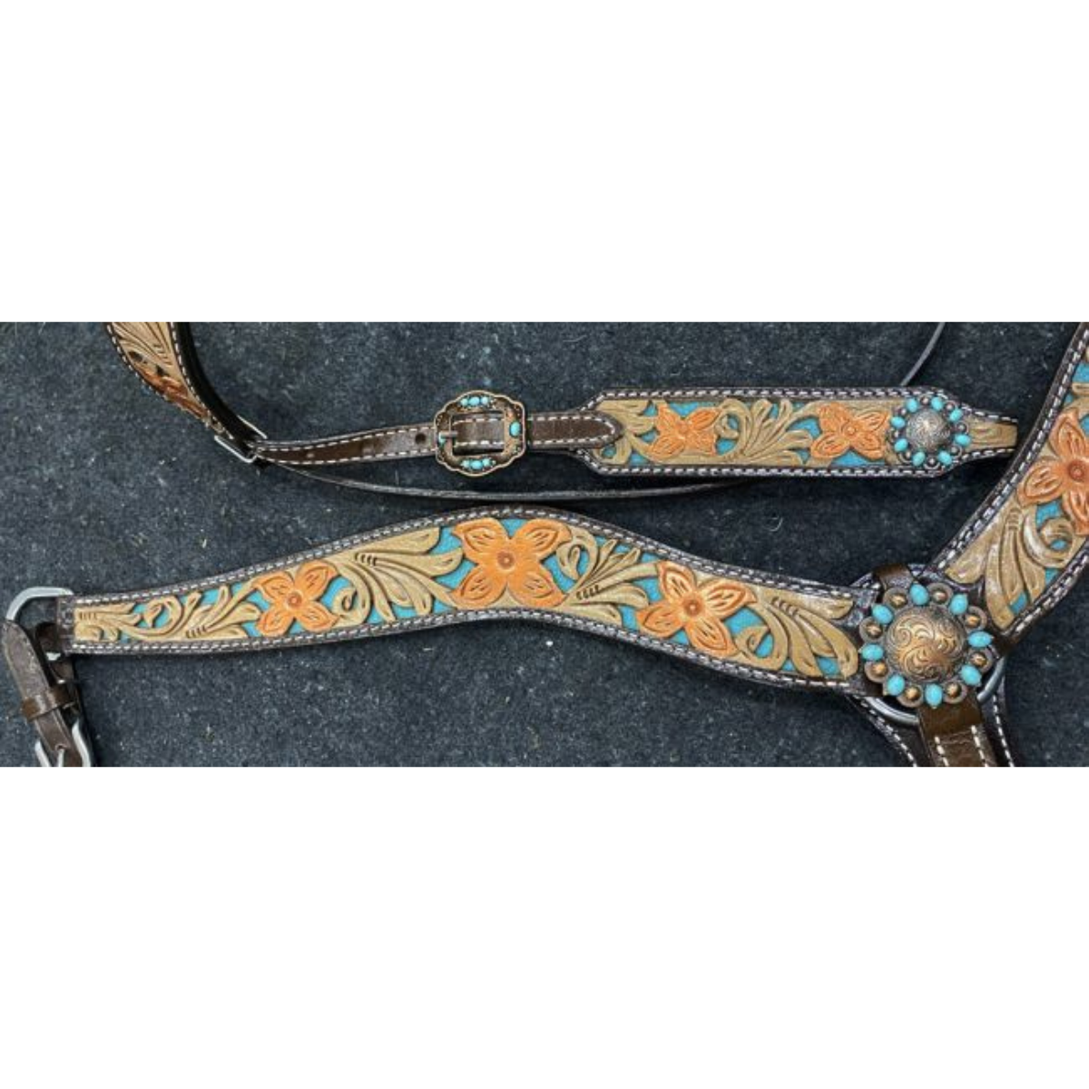 Showman ® Floral tooled design browband bridle with teal underlay and breast collar set - Double T Saddles