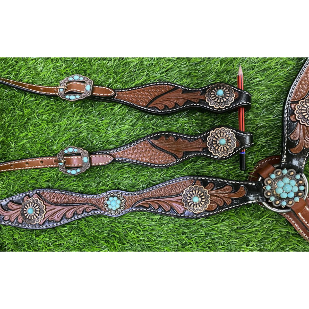 Showman ® Two-Tone Tooled Single Ear Headstall and Breast Collar Set with turquoise conchos. - Double T Saddles