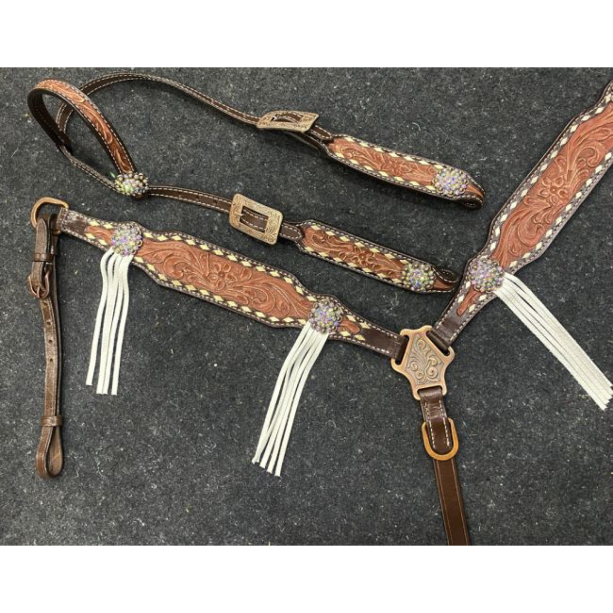Showman ® Two-Tone Tooled Single Ear Headstall and Breast Collar Set with rawhide lacing and fringe accents. - Double T Saddles