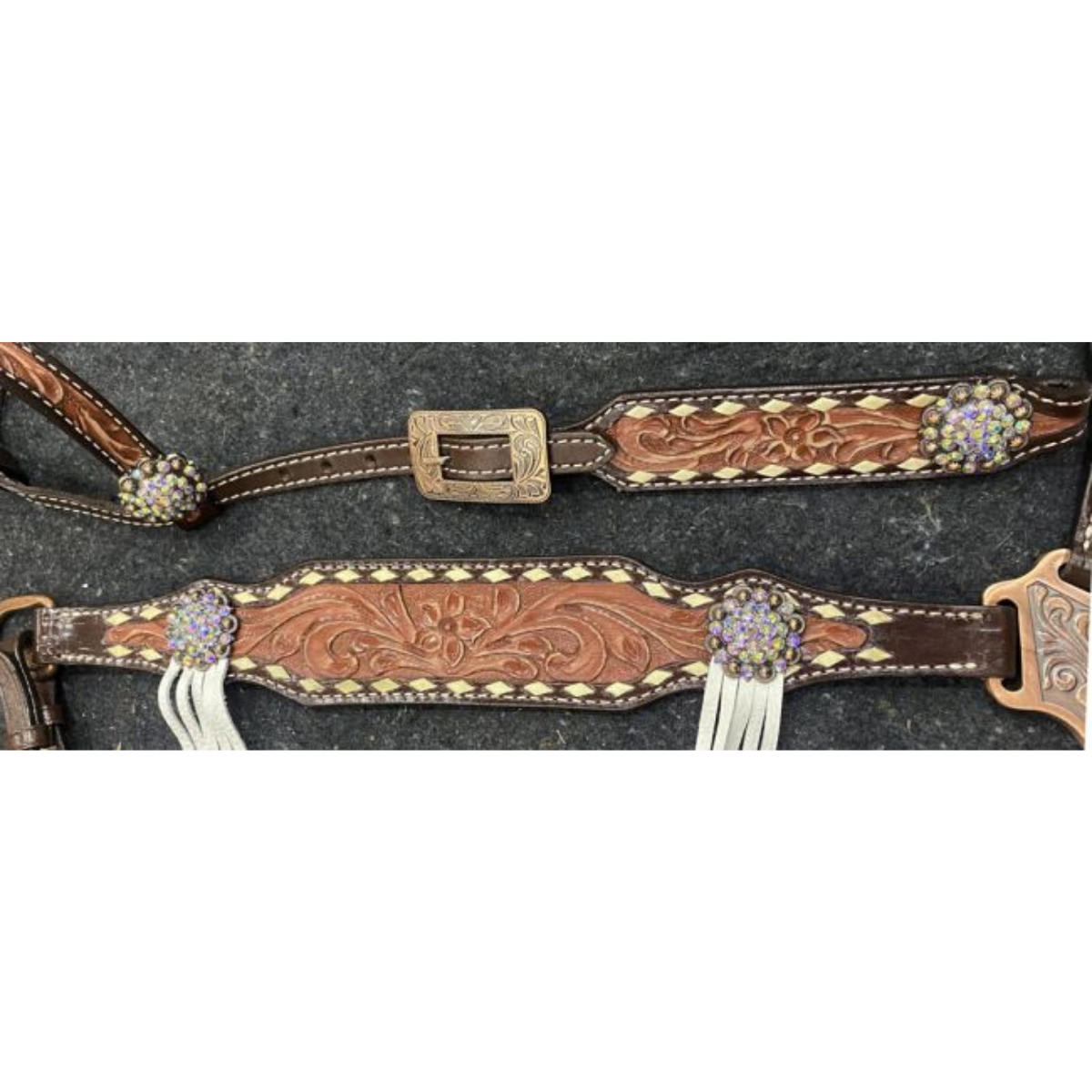 Showman ® Two-Tone Tooled Single Ear Headstall and Breast Collar Set with rawhide lacing and fringe accents. - Double T Saddles