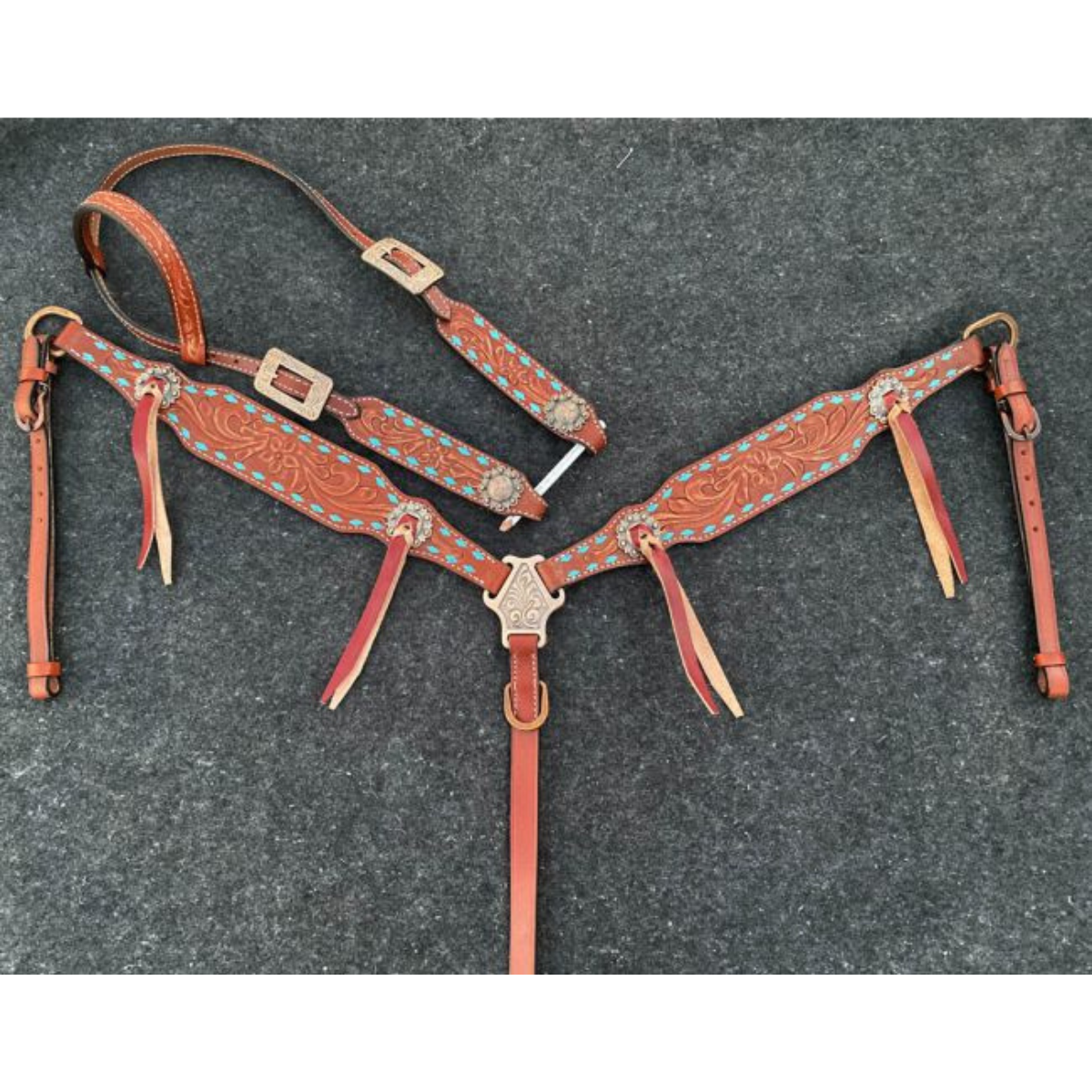Showman ® Single ear headstall and breast collar set with teal buck stitch trim. - Double T Saddles