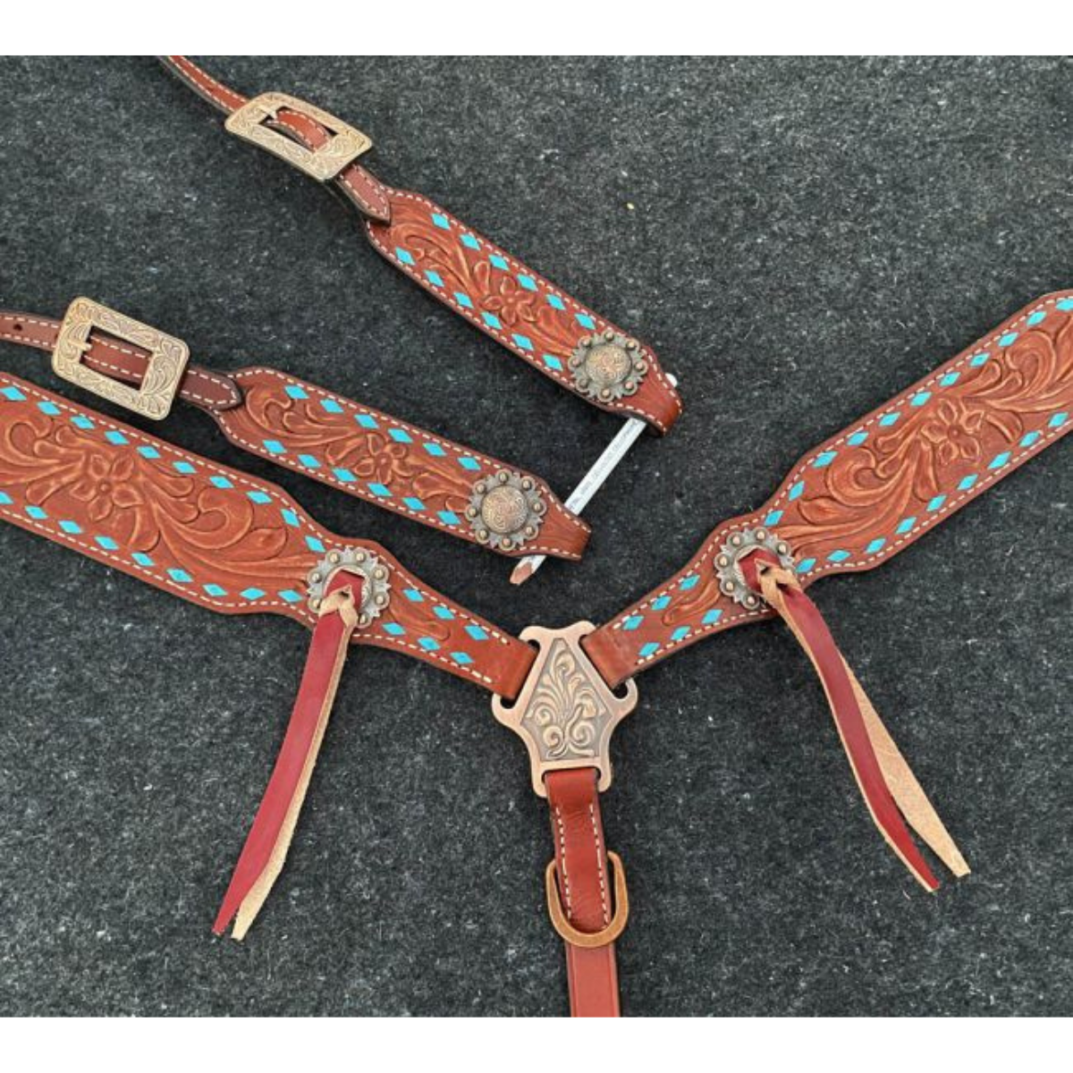 Showman ® Single ear headstall and breast collar set with teal buck stitch trim. - Double T Saddles