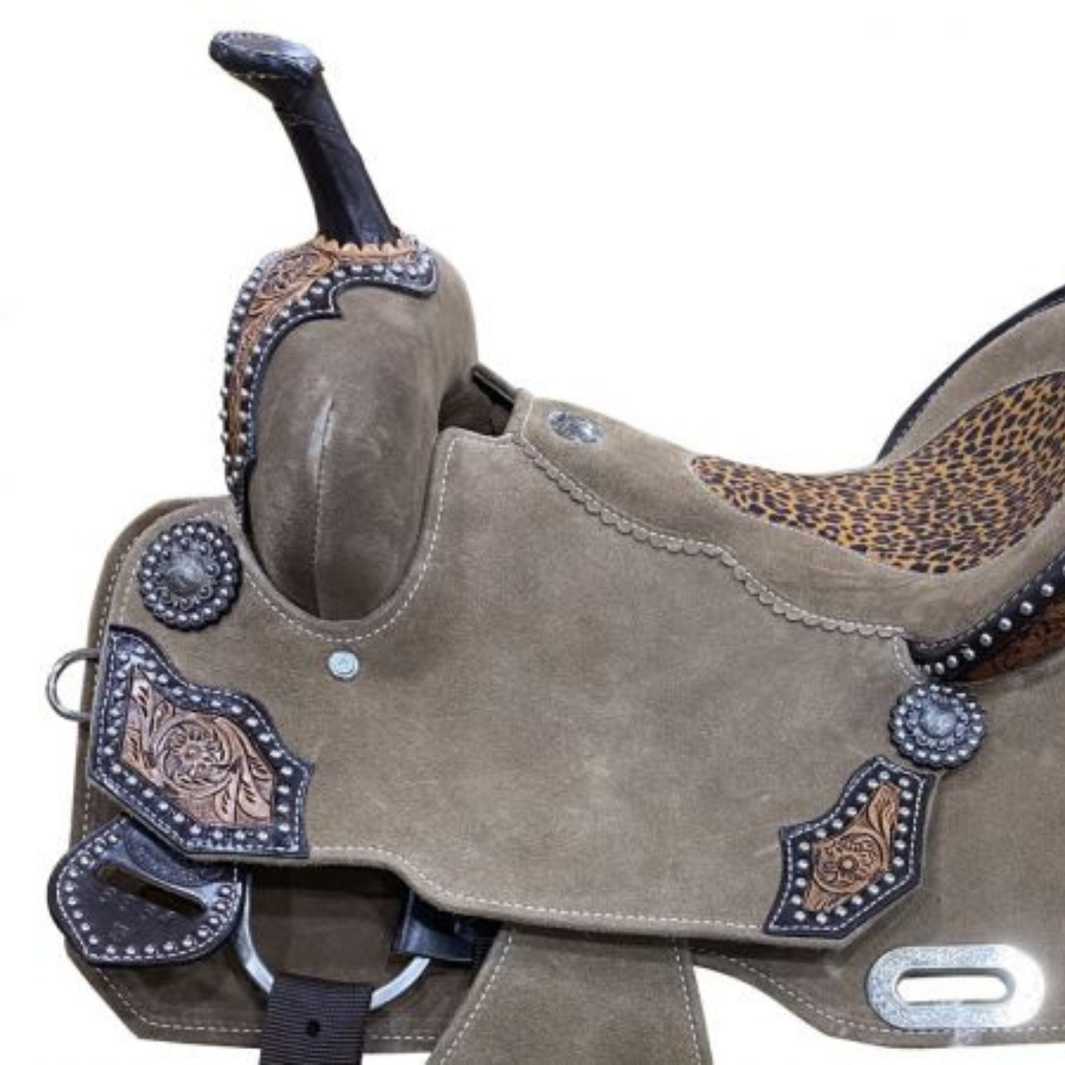 14", 15" DOUBLE T ROUGH OUT BARREL STYLE SADDLE WITH CHEETAH PRINTED INLAY - Double T Saddles