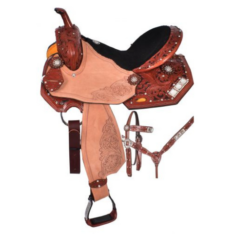 14", 15" DOUBLE T BARREL SADDLE SET WITH FLORAL TOOLING - Double T Saddles