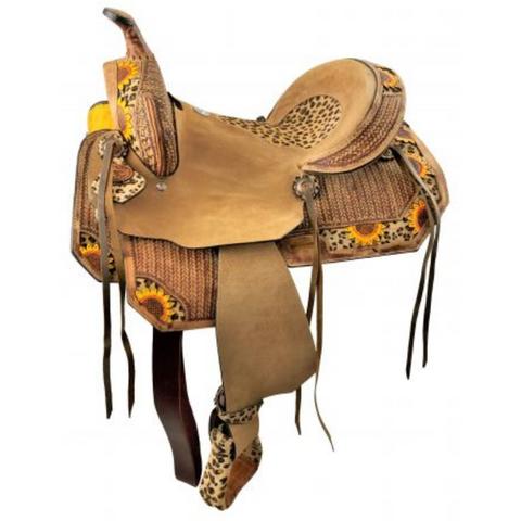 14", 15", 16"  DOUBLE T HARD SEAT BARREL STYLE SADDLE WITH CHEETAH SEAT AND SUNFLOWER PAINTED ACCENTS - Double T Saddles