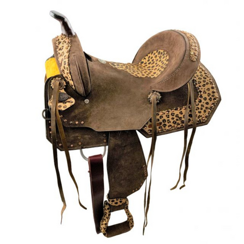 14", 15", 16"  DOUBLE T HARD SEAT BARREL STYLE SADDLE WITH CHEETAH SEAT - Double T Saddles