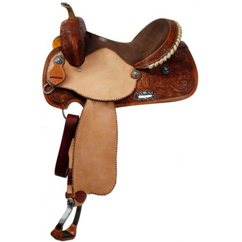 14", 15", 16" DOUBLE T BARREL SADDLE WITH SILVER LACED TAN RAWHIDE CANTLE, DOT BORDER ON ROU - Double T Saddles
