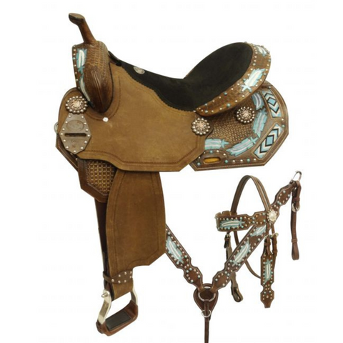 14", 15", 16" Double T style barrel saddle set with metallic painted feathers and beaded inlay. - Double T Saddles