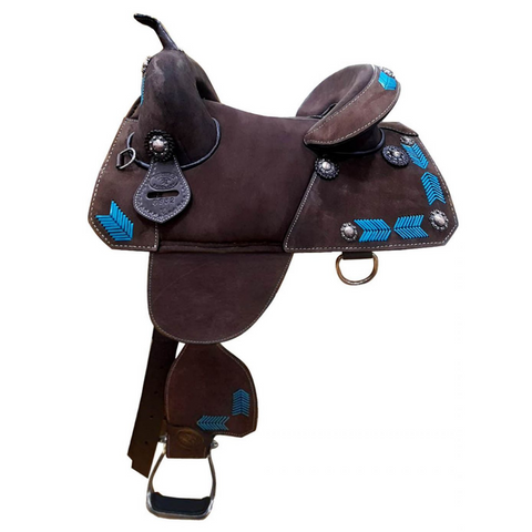 15", 16" DOUBLE T TREELESS SADDLE, DARK BROWN, TURQUOISE BUCKSTITCH - Double T Saddles