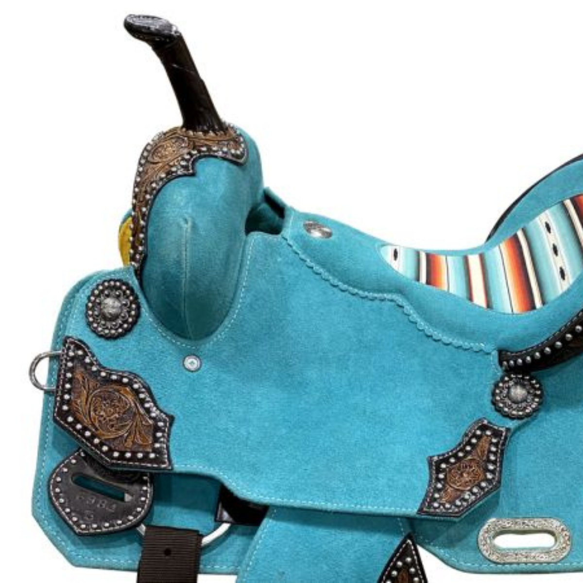15" DOUBLE T   TEAL ROUGH OUT BARREL STYLE SADDLE WITH SOUTHWEST PRINTED INLAY - Double T Saddles