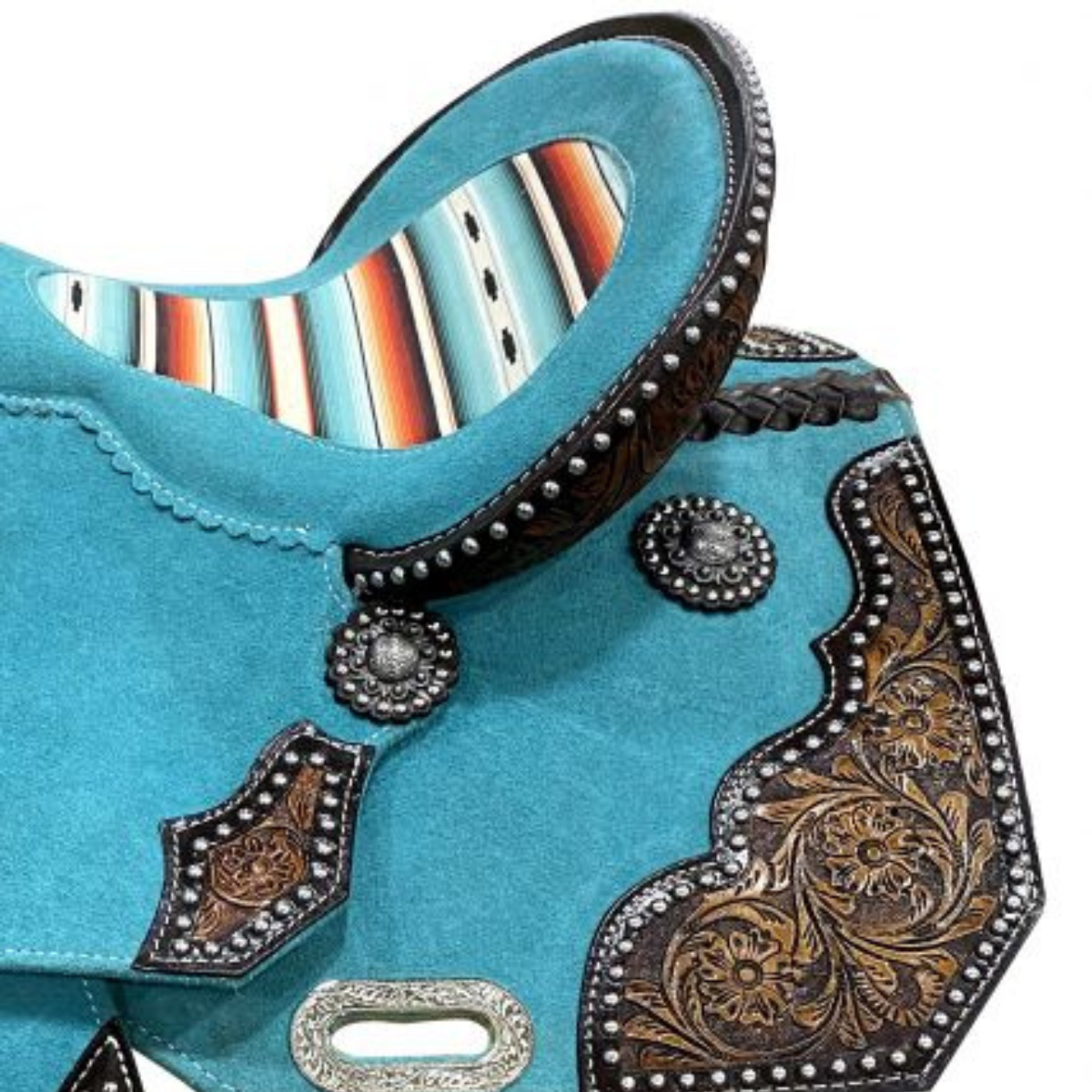 15" DOUBLE T   TEAL ROUGH OUT BARREL STYLE SADDLE WITH SOUTHWEST PRINTED INLAY - Double T Saddles