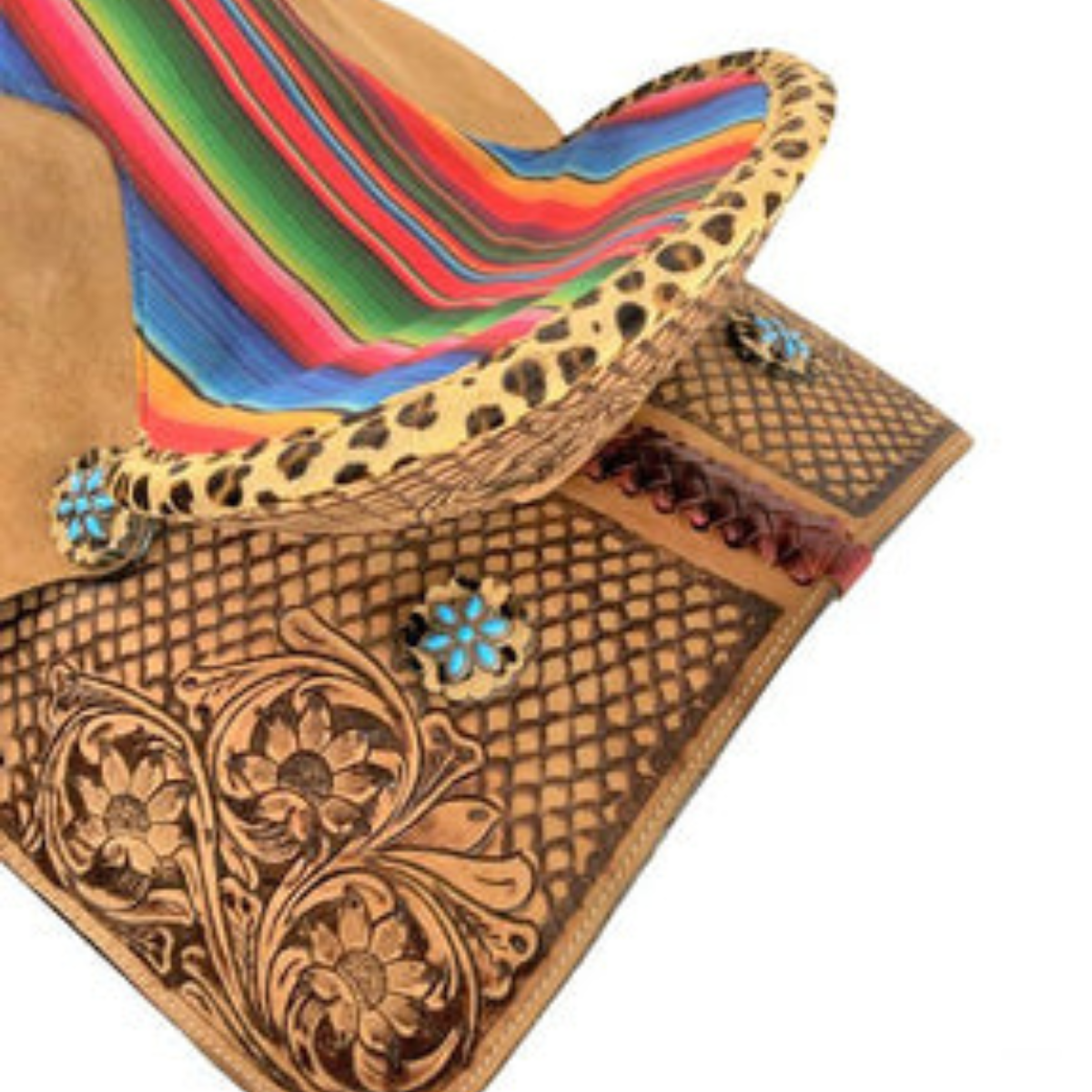 15" DOUBLE T  BARREL STYLE WESTERN SADDLE WITH SERAPE CHEETAH ACCENTS - Double T Saddles