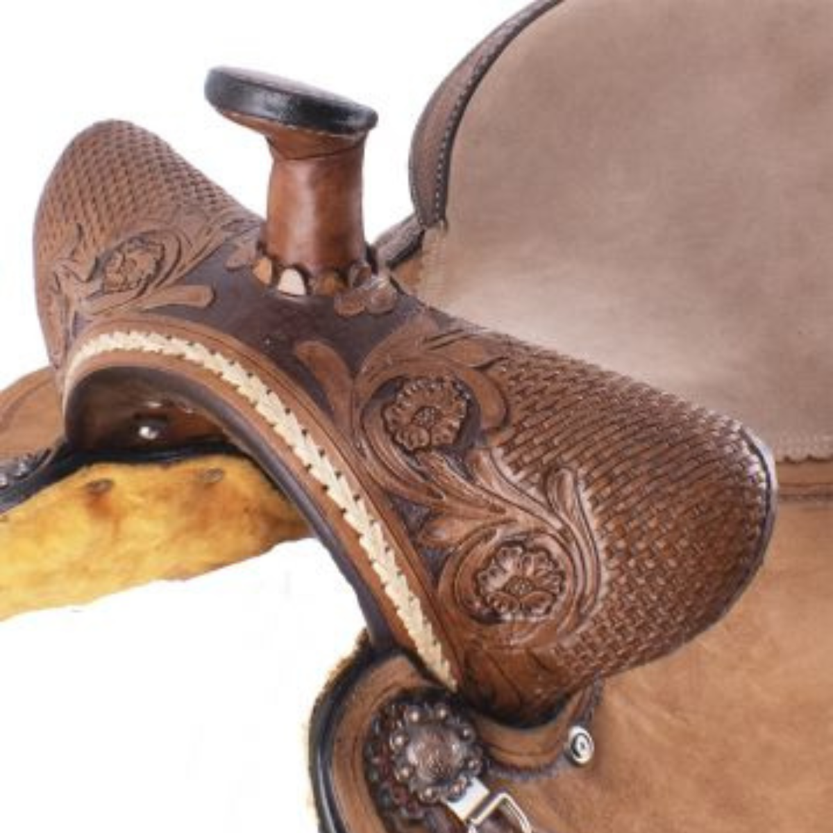 15" DOUBLE T BASKET WEAVE AND FLORAL TOOLED BARREL SADDLE - Double T Saddles