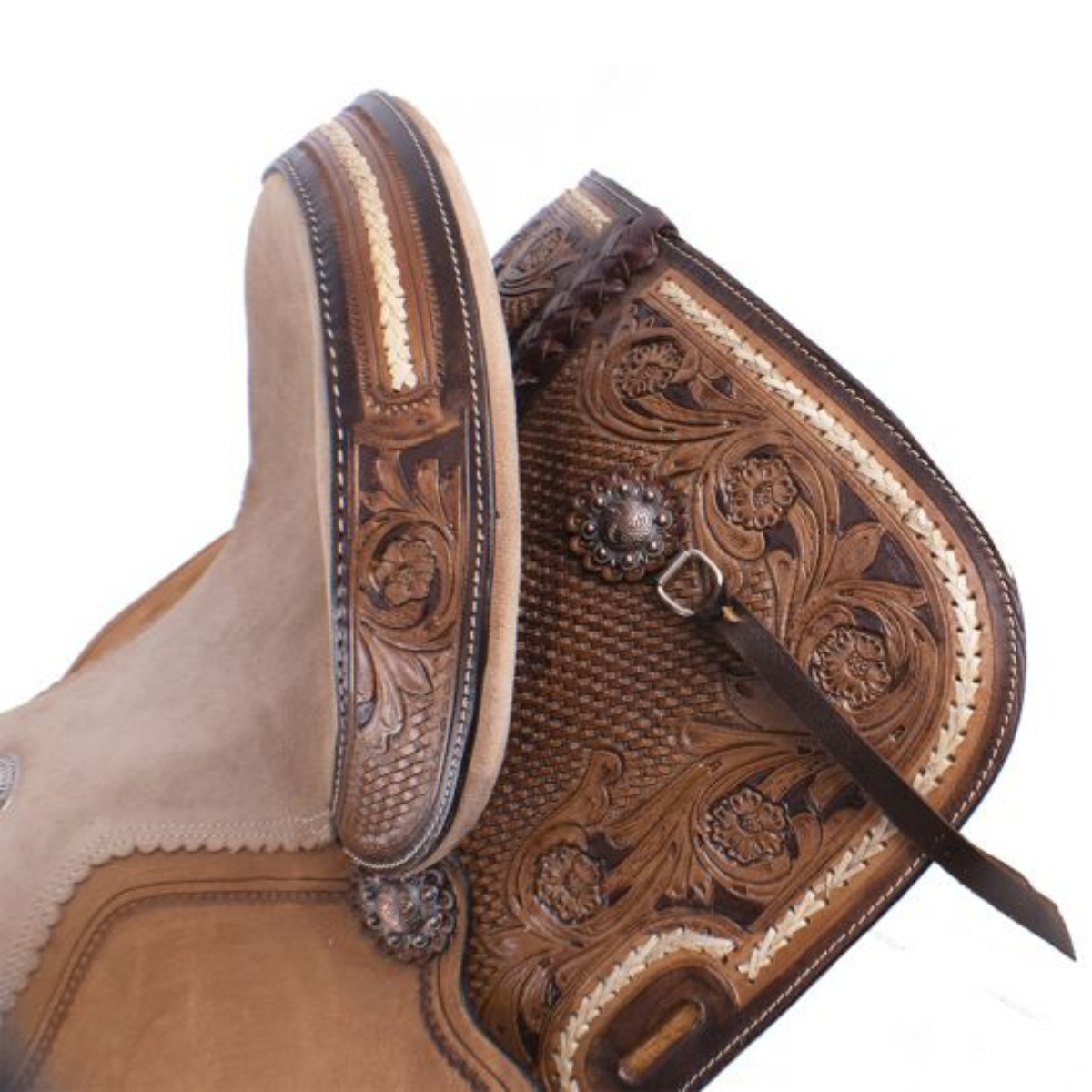 15" DOUBLE T BASKET WEAVE AND FLORAL TOOLED BARREL SADDLE - Double T Saddles
