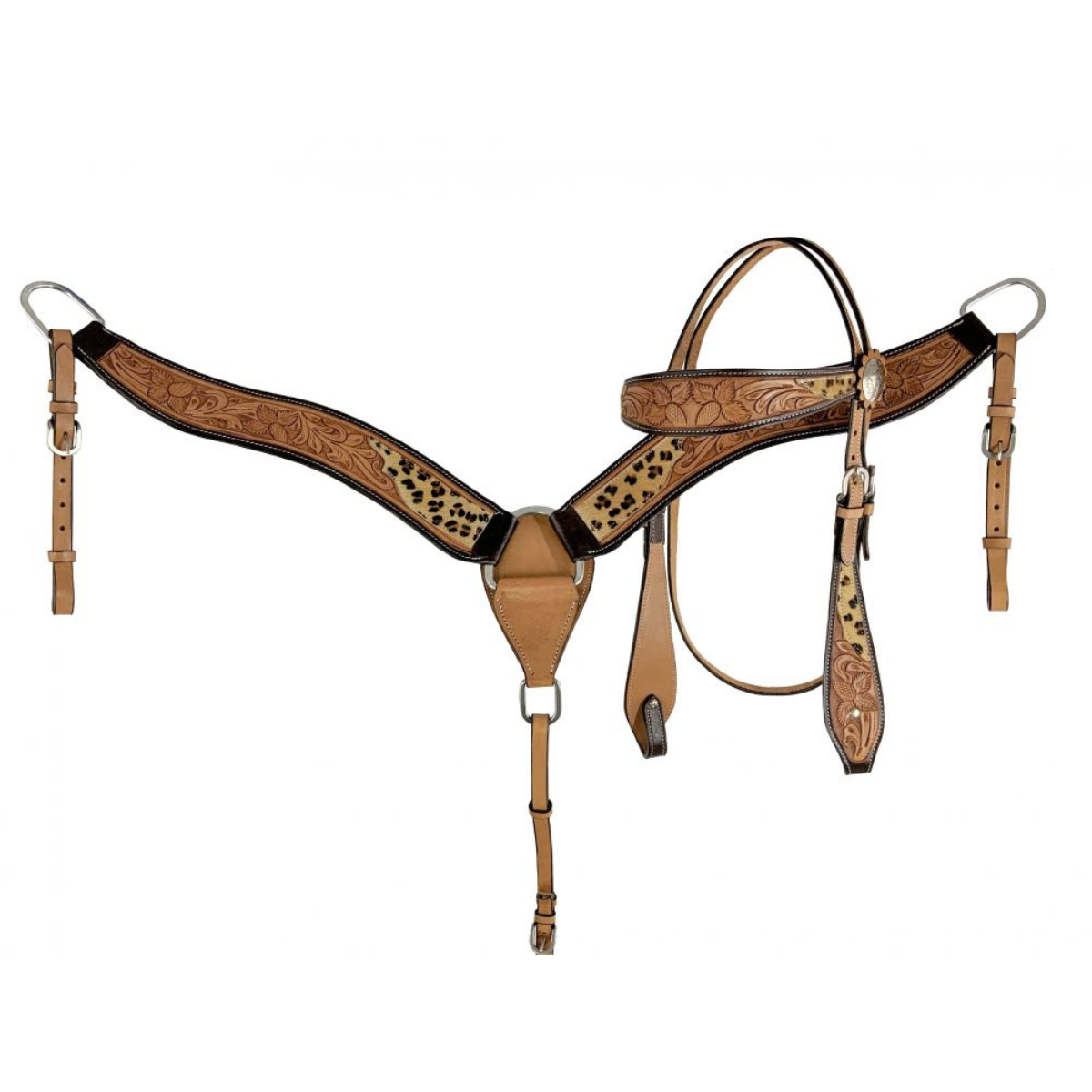 15" Double T  combo basketweave and floral tooling Barrel saddle Set with Hair on Cheetah Seat - Double T Saddles