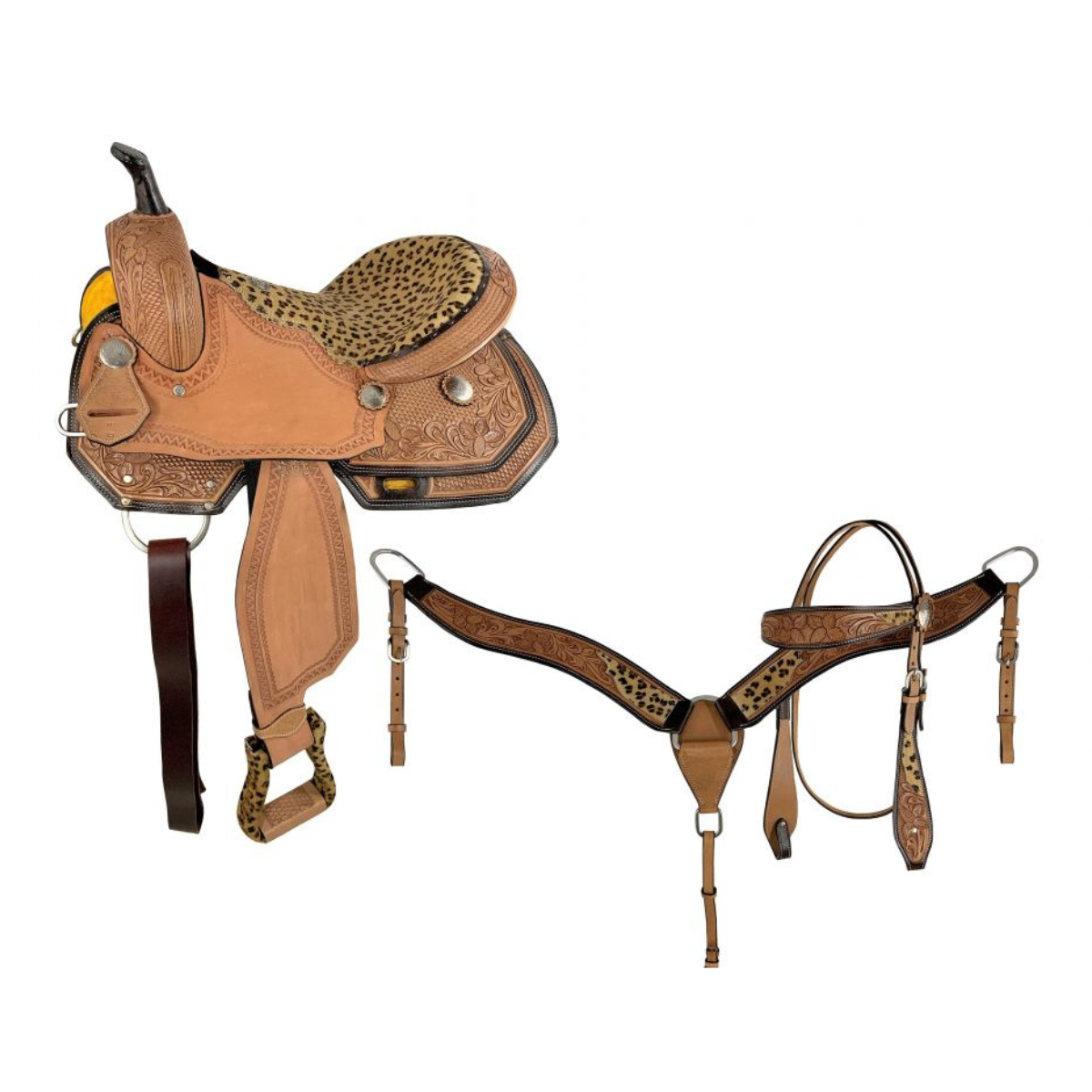 15" Double T  combo basketweave and floral tooling Barrel saddle Set with Hair on Cheetah Seat - Double T Saddles