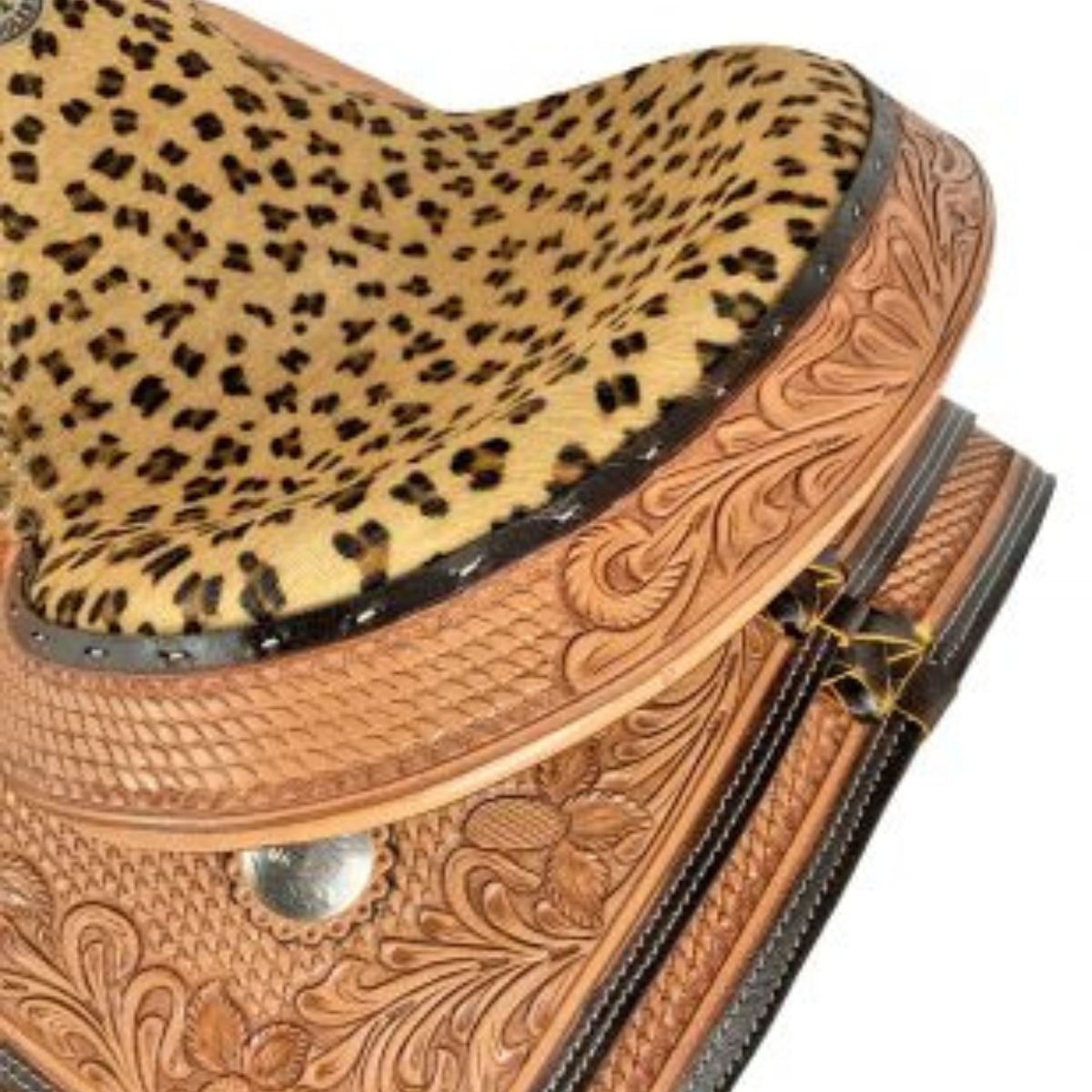 15" Double T  combo basketweave and floral tooling Barrel saddle Set with Hair on Cheetah Seat - Double T Saddles