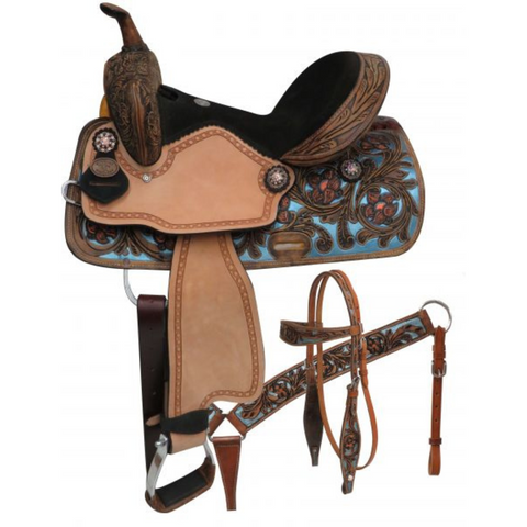 14", 15", DOUBLE T  BARREL STYLE SADDLE SET WITH METALLIC PAINTED TOOLING - Double T Saddles