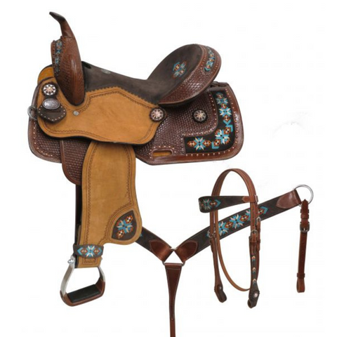 14", 15", DOUBLE T  BARREL STYLE SADDLE SET WITH EMBROIDERED NAVAJO - Double T Saddles