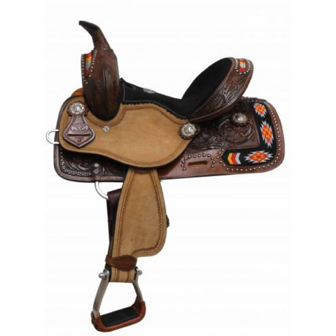 12" DOUBLE T YOUTH/PONY EMBROIDERED NAVAJO SADDLE - Double T Saddles
